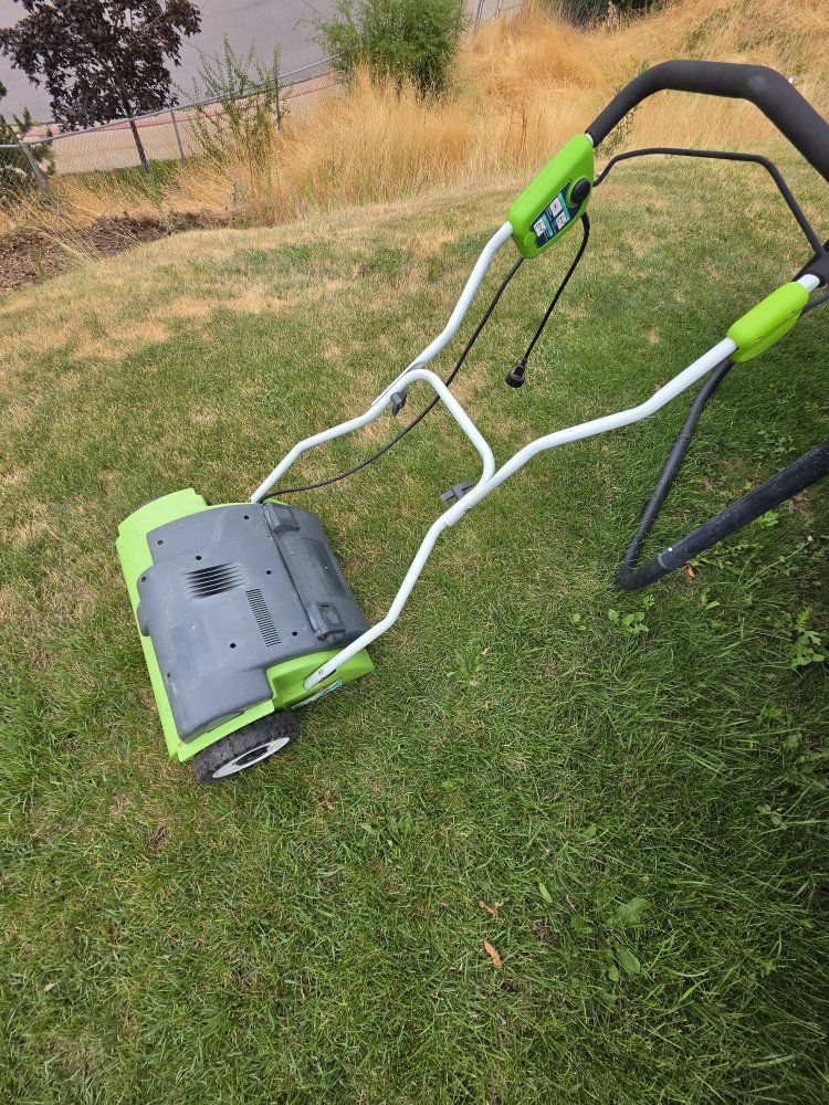 Greenworks 10 Amp Corded Dethatcher 14-inch Electric Aerator 27022 2-in-1 Lawn Care Tool