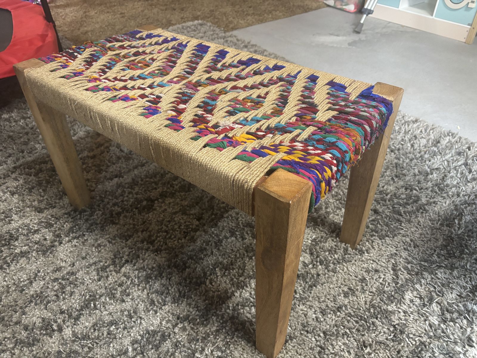 Handwoven Rope & Wood Accent Bench