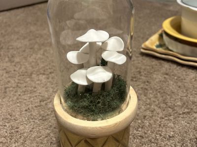 Mushroom Terrarium Decor - Glass Cloche with Faux Green Moss, White Mushrooms, Wood Base