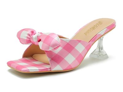 New! Size 8 Women's Plaid Bow Heeled Mules Square Toe Slip-On Sandals Kitten Heel Cute Gingham Dress Shoes