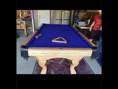 Wooden Pool Table with Blue Felt and Accessories