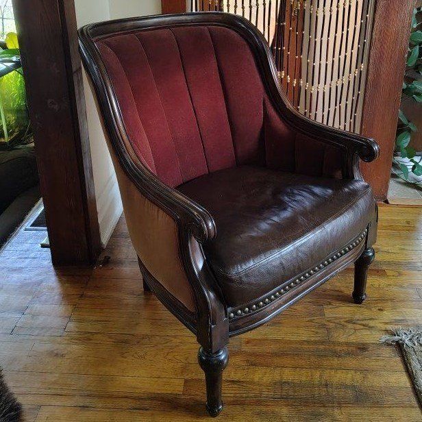 Vintage Accent Chair, Library Chair - Tufted Brown Velvet, Dark Brown Leather, Nailhead Trim