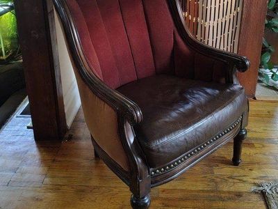 Vintage Accent Chair, Library Chair - Tufted Brown Velvet, Dark Brown Leather, Nailhead Trim