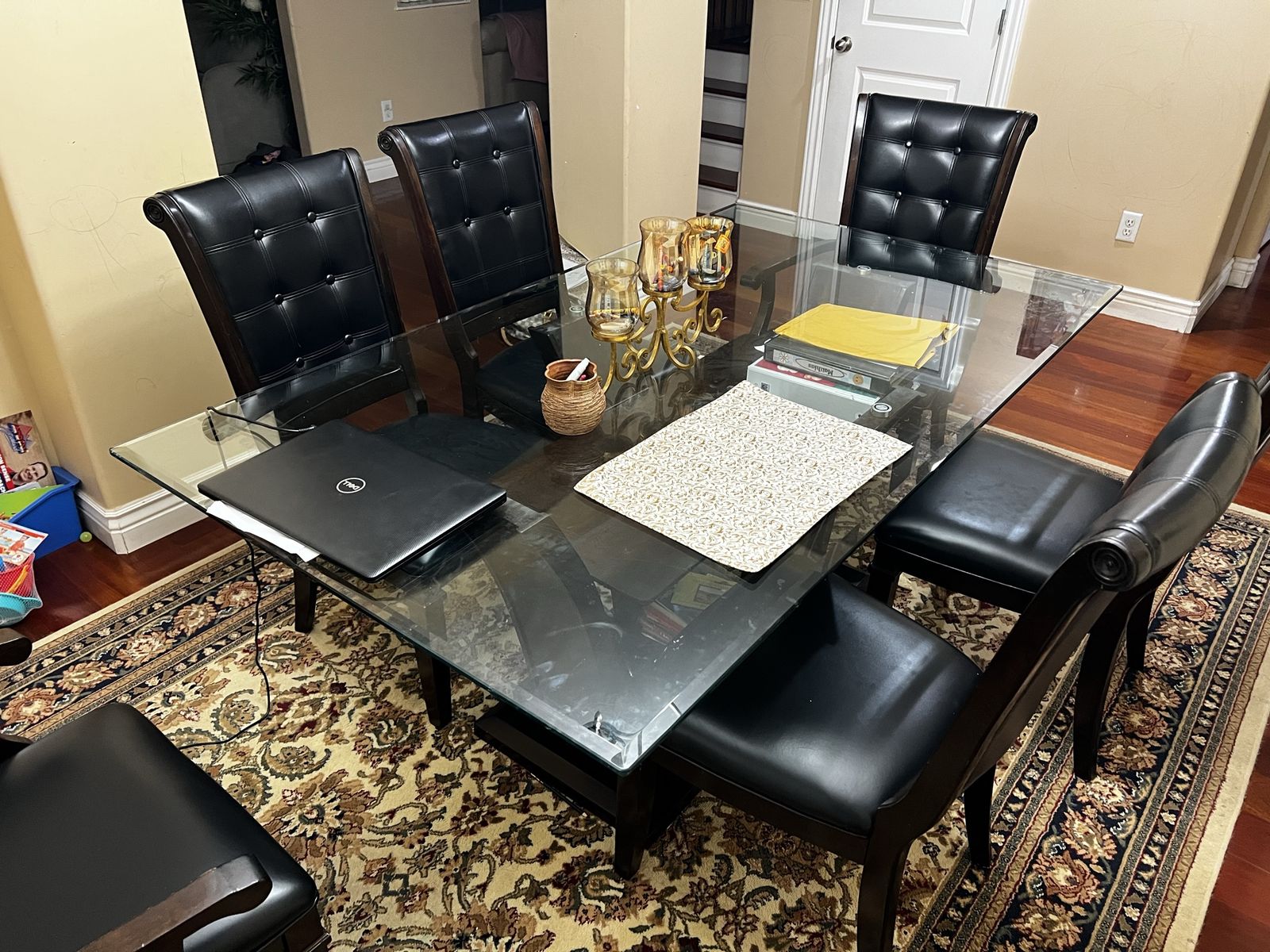 Glass Top Dining Table with 6 Black Leather Chairs - Modern Dark Wood Set