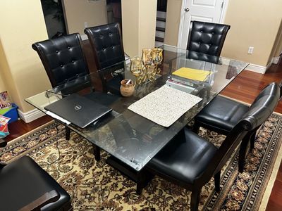 Glass Top Dining Table with 6 Black Leather Chairs - Modern Dark Wood Set