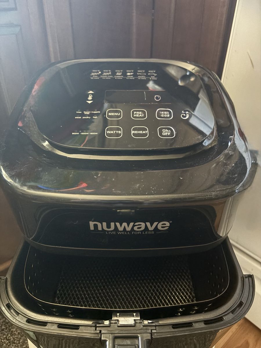 Assorted plate and bowl sets, NuWave fryer, Hamilton Beach Toaster oven.