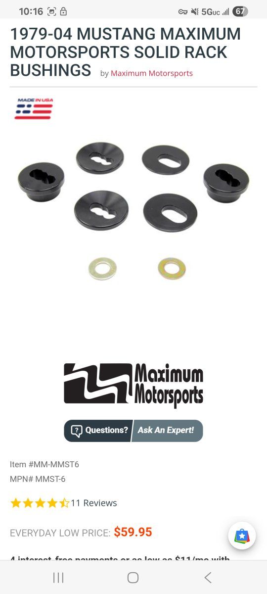 Maximum Motorsports MMST-6 Solid Steering Rack Bushings for 1979-2004 Mustang MM K-Member