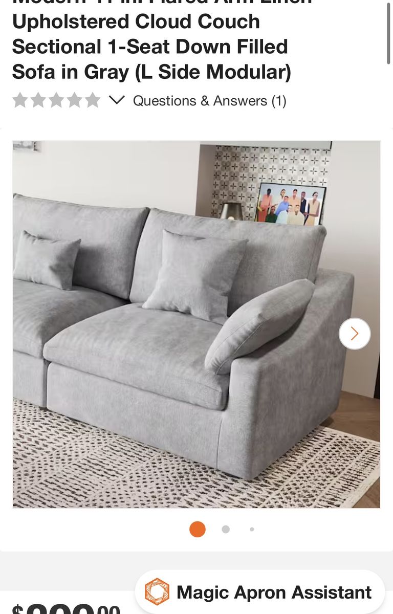 Upholstered Cloud Couch Sectional 1-Seat Down Filled Sofa in Gray (L Side Modular)
