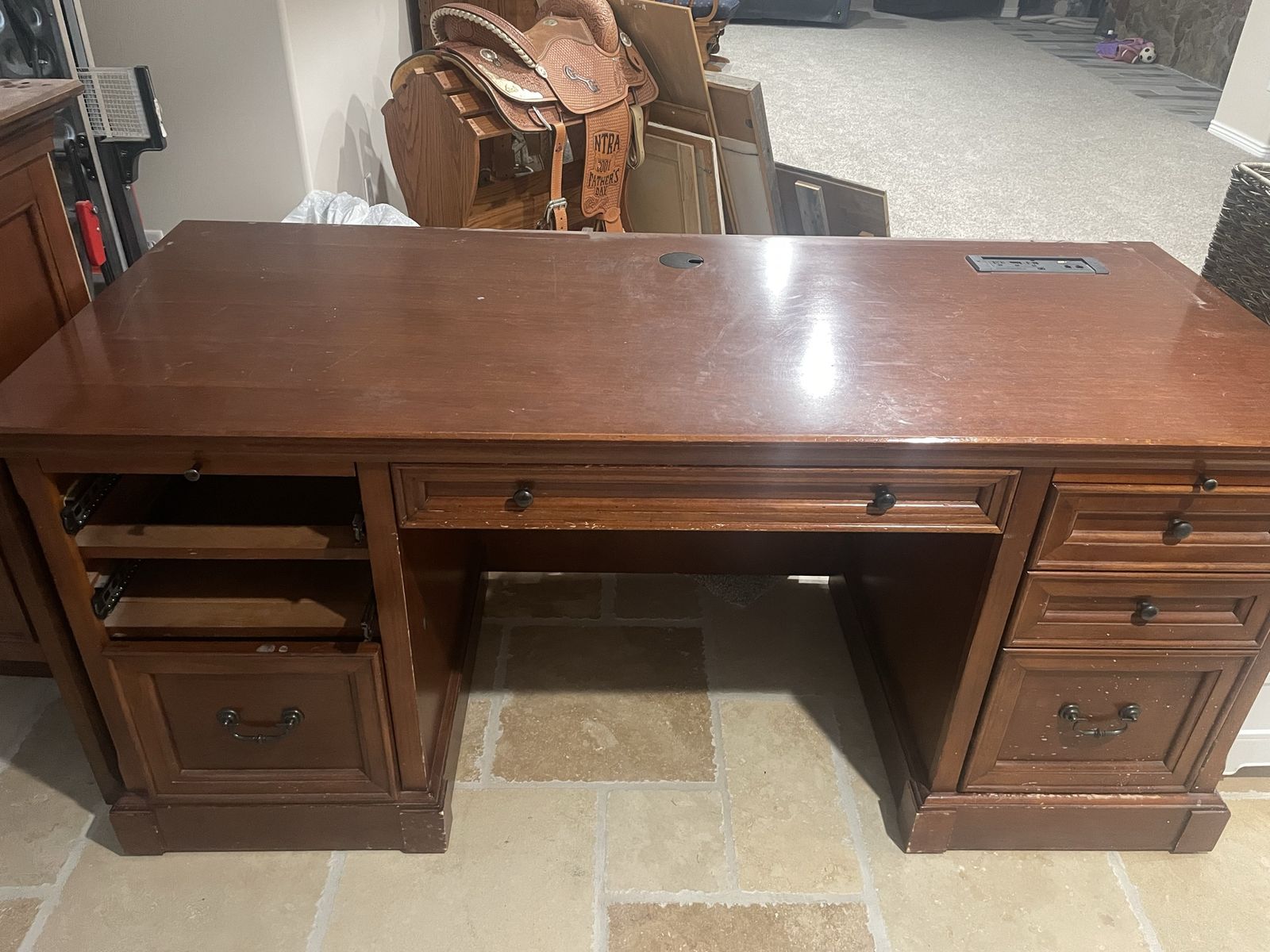 Martin Furniture Executive Desk with Hutch - Cherry Wood Finish, Built-in Power & Data Hub