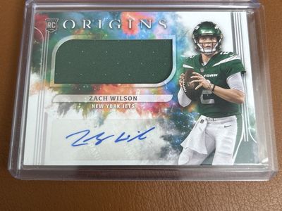 BYU Rookie Auto Panini Origins Zach Wilson Rookie Card Autograph Relic New York Jets RC Football NFL GAME USED JERSEY Card