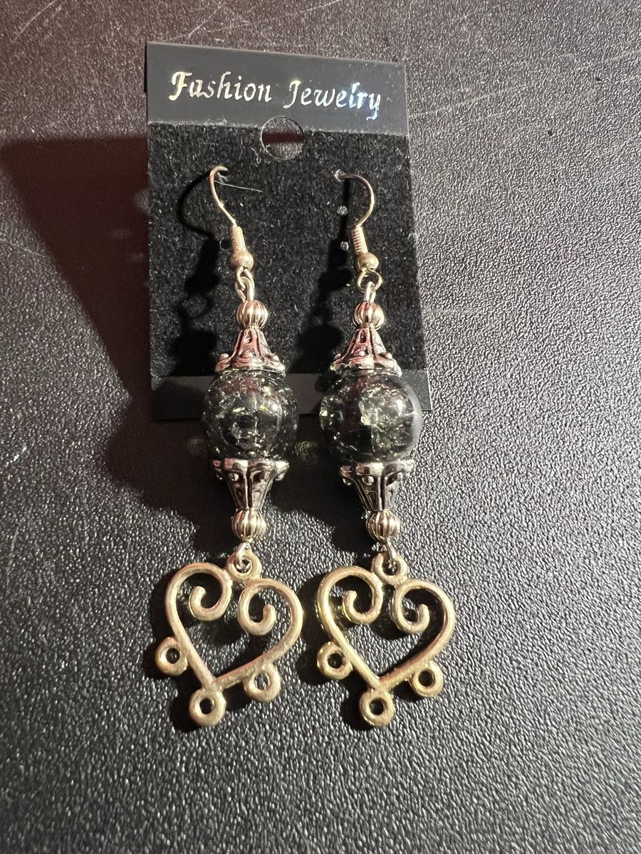 Fashion Jewelry Silver Tone Hook Earrings with Black Cracked Glass Beads & Ornate Heart Dangles