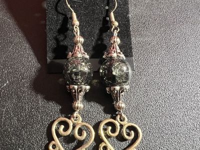 Fashion Jewelry Silver Tone Hook Earrings with Black Cracked Glass Beads & Ornate Heart Dangles