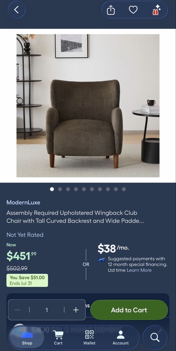 ModernLuxe Upholstered Wingback Club Chair with Tall Curved Backrest, Brown, 33" H