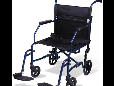 New in Box Steel Transport Chair with 19" Seat, Swing-Away Footrests, Blue, 300 lb Weight Capacity