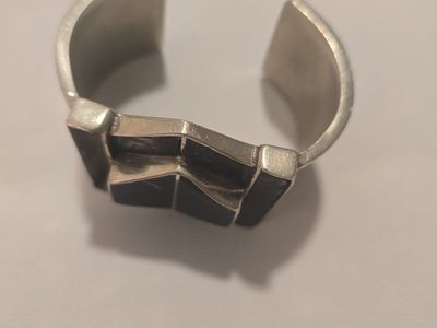 AiredelSur Vintage Sterling Silver Black Onyx Inlay Geometric Cuff Bracelet