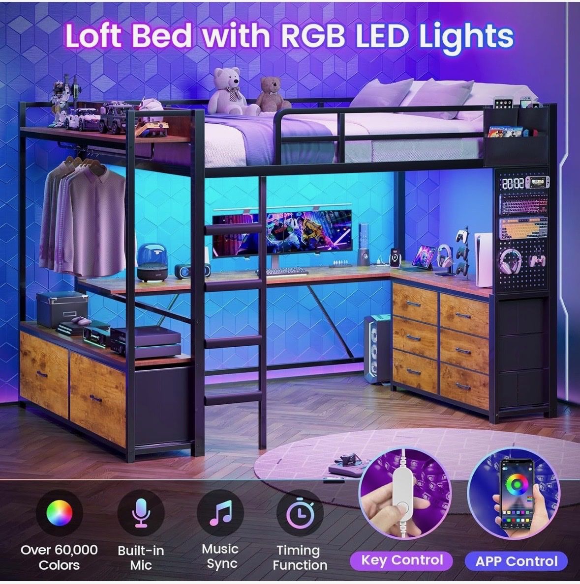 Loft Bed with Desk & Storage, RGB LED Lights, Full Size, Metal Frame, Industrial Style