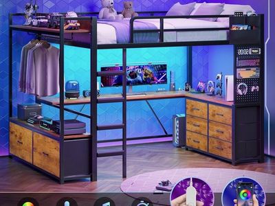 Loft Bed with Desk & Storage, RGB LED Lights, Full Size, Metal Frame, Industrial Style