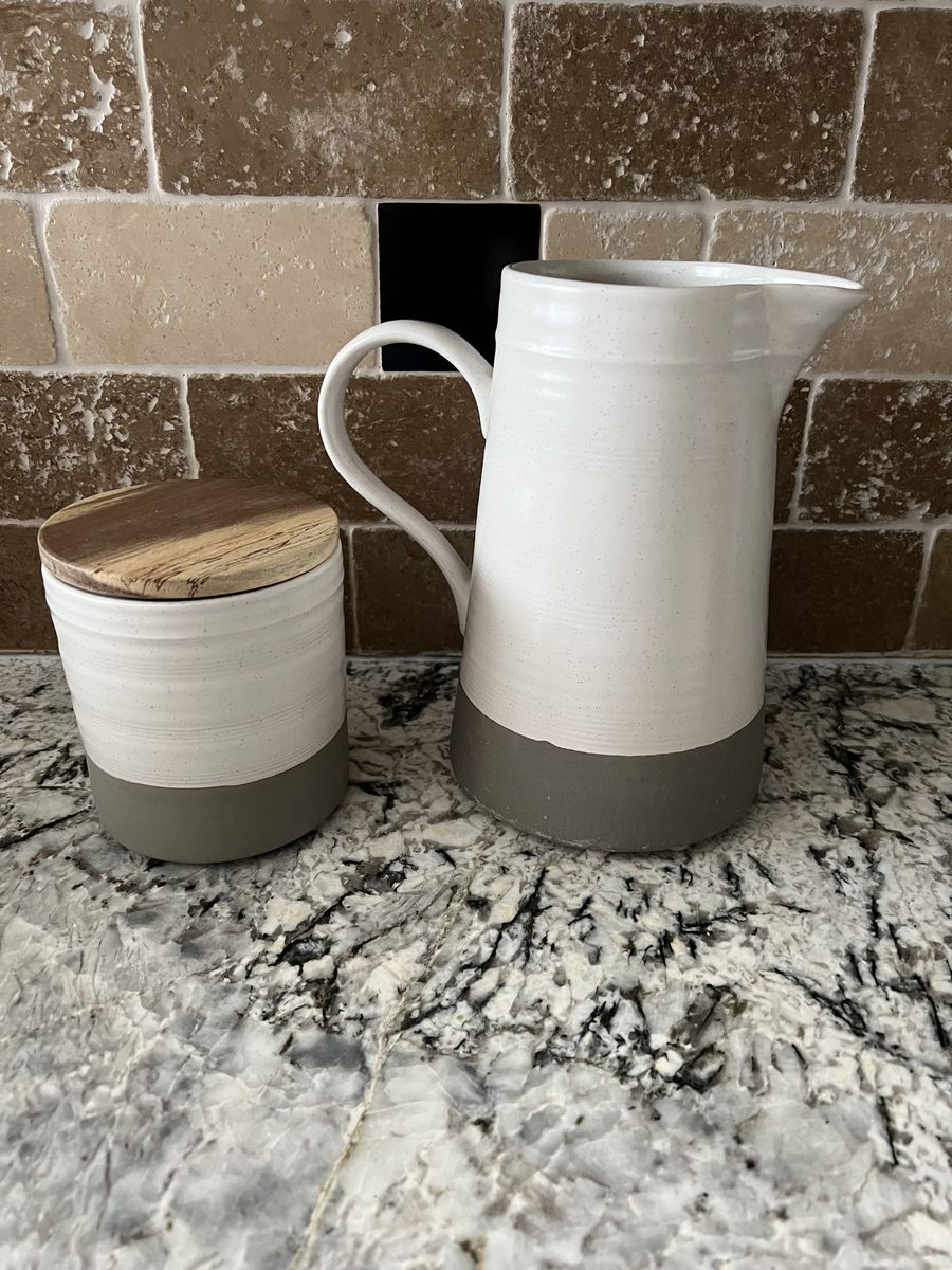 Ceramic Pitcher and Canister Set with Wood Lid White Gray