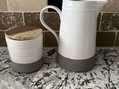 Ceramic Pitcher and Canister Set with Wood Lid White Gray