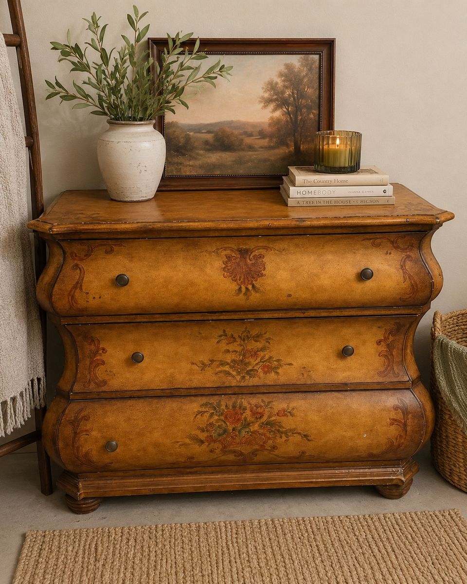 Vintage Hand-Painted Bombe Chest 3-Drawer Dresser Accent Cabinet Wood Storage