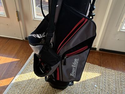 Tour Edge Golf Stand Bag Black Gray Red with seven clubs