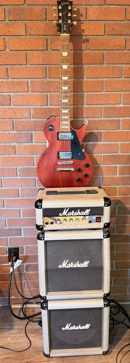 2008 Gibson Les Paul Studio Electric Guitar, Red Finish, Marshall Silver Jubilee mini stack