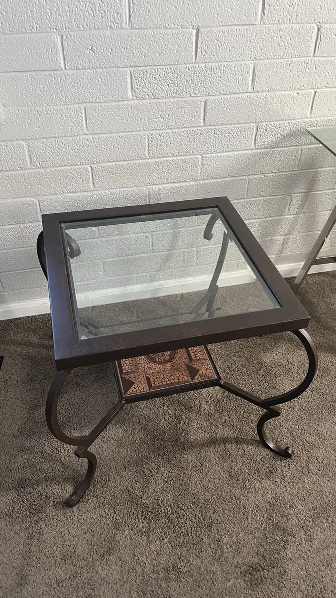 Glass Top Metal End Table / Side Table with Decorative Tile Shelf