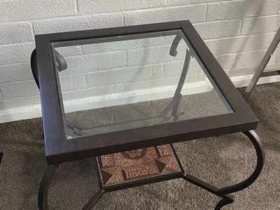 Glass Top Metal End Table / Side Table with Decorative Tile Shelf