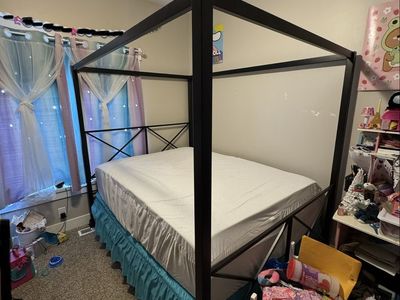 Black Metal Queen Size Four-Poster Canopy Bed Frame