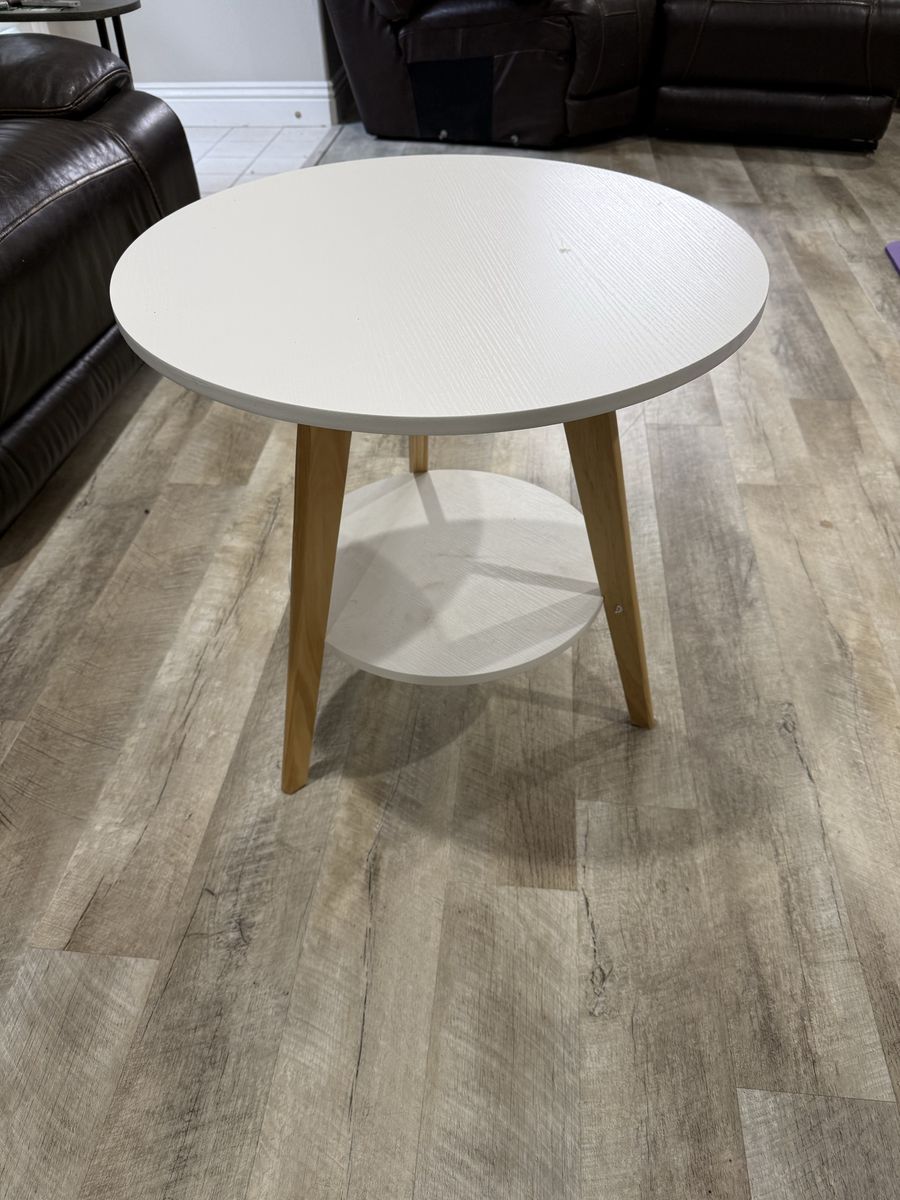 Modern White Round Side Table with Lower Storage Shelf and Wood Legs