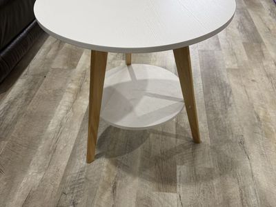 Modern White Round Side Table with Lower Storage Shelf and Wood Legs