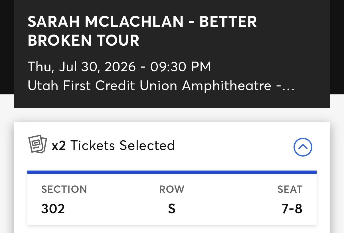 2 Sarah McLachlan Tickets 30 July 7:30pm
