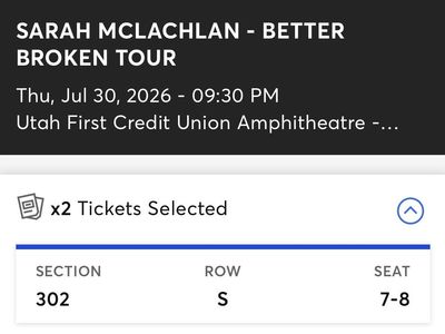2 Sarah McLachlan Tickets 30 July 7:30pm