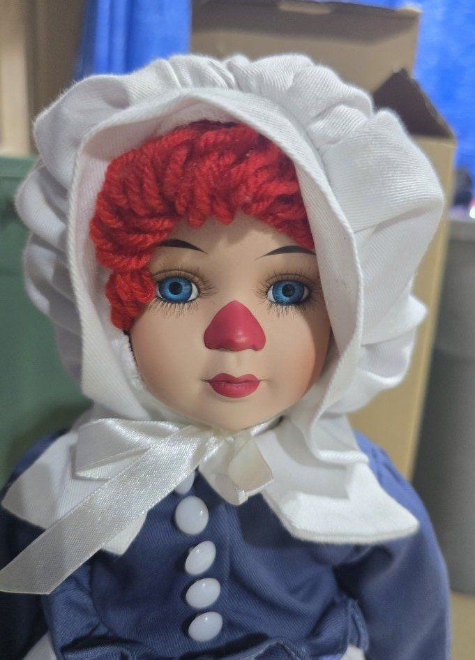Vintage Pilgrim Porcelain Raggedy Ann and Andy Dolls with Stands - Set of 2 (16 Inch)