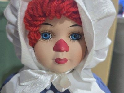 Vintage Pilgrim Porcelain Raggedy Ann and Andy Dolls with Stands - Set of 2 (16 Inch)