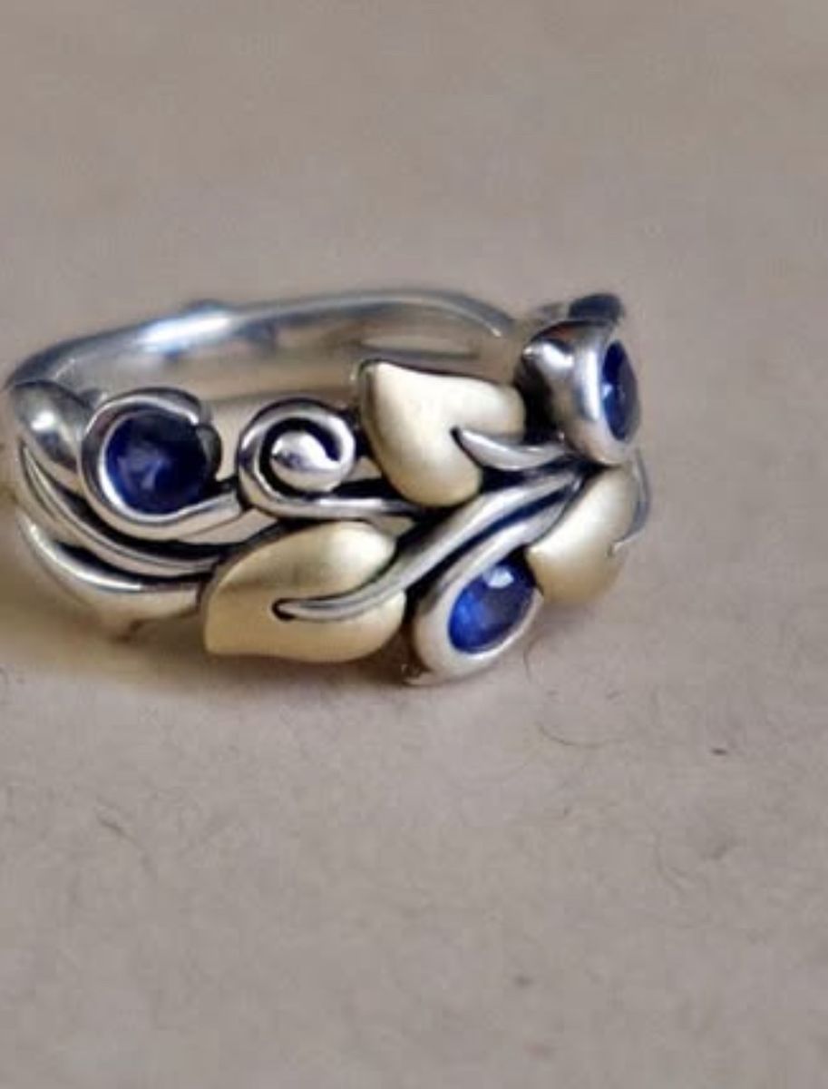 Sterling Silver & 18K Gold Leaf Ring with Blue Sapphire Gemstone Accents