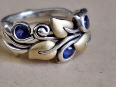 Sterling Silver & 18K Gold Leaf Ring with Blue Sapphire Gemstone Accents