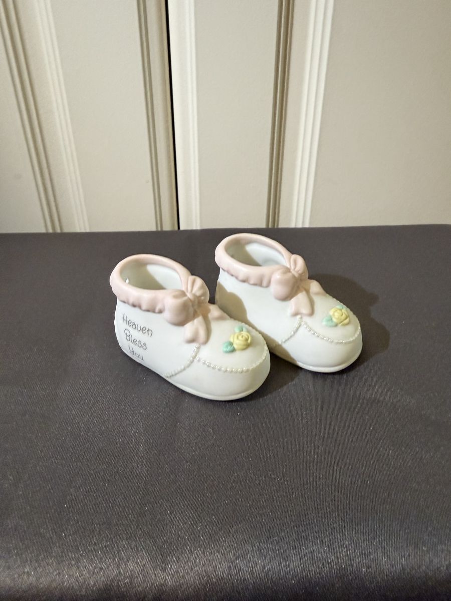 Vintage Ceramic Baby Booties Figurines 'Heaven Bless You' Pair