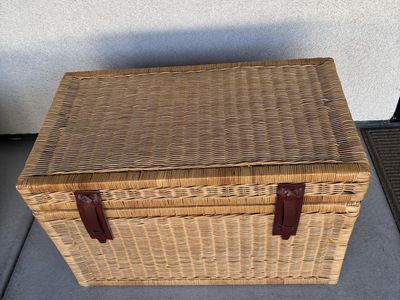 Large Vintage Wicker Picnic Basket with Leather Straps, Storage Trunk Hamper