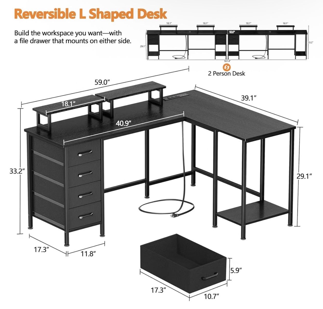 59" Reversible L-Shaped Computer Desk with Power Outlets and 4 Drawers