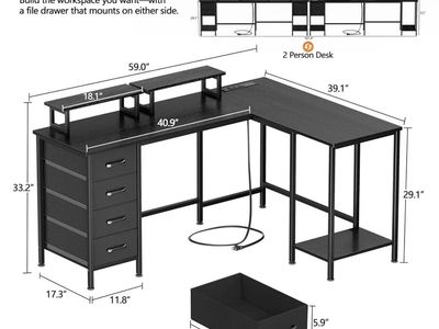 59" Reversible L-Shaped Computer Desk with Power Outlets and 4 Drawers