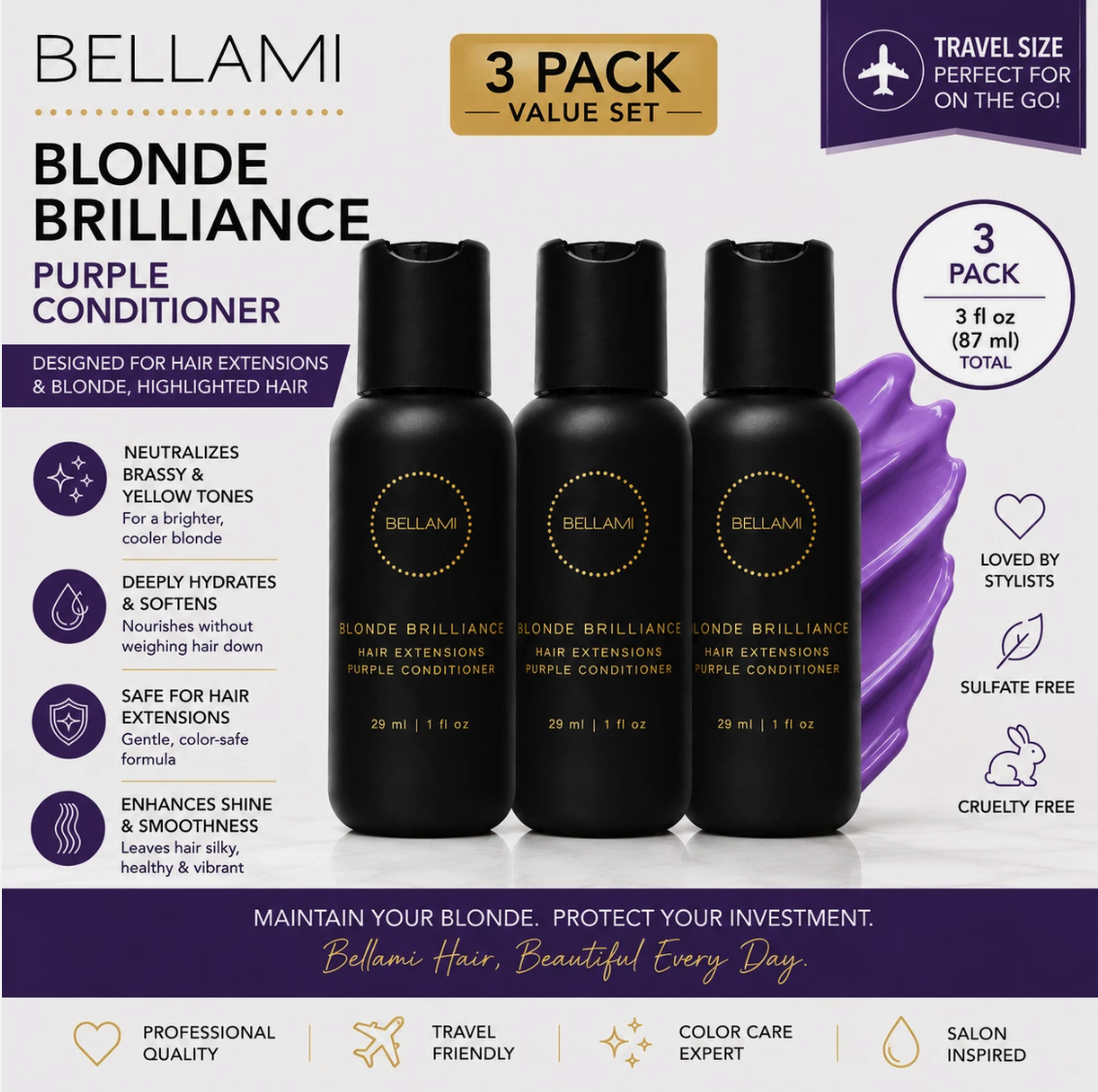 Bellami Blonde Brilliance Purple Conditioner 3-Pack Travel Size 1oz Extensions