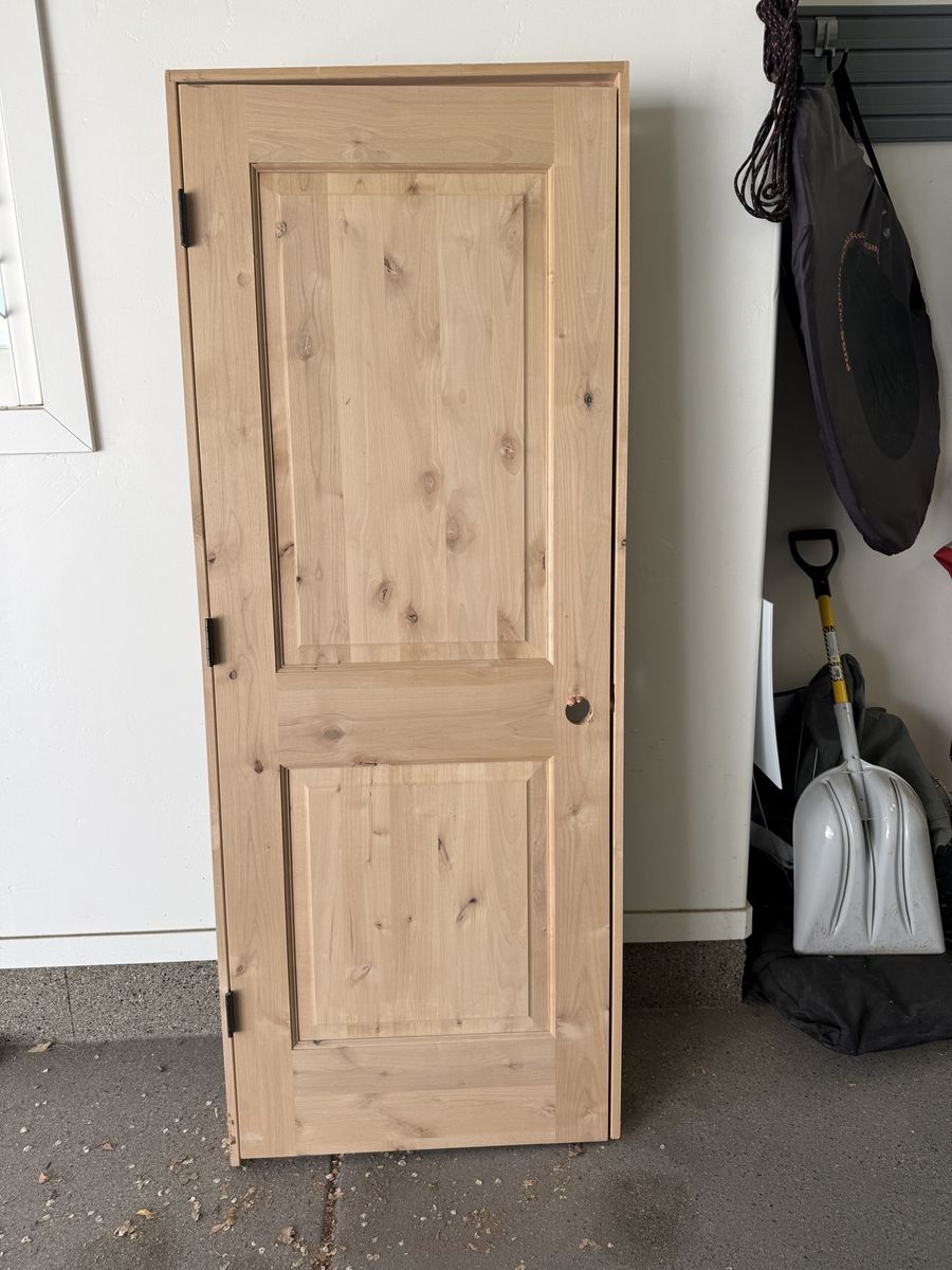 Unfinished Wood Panel Door with Frame and Hinges. New,  knotty alder 