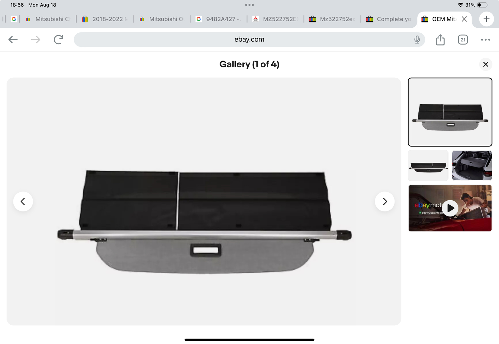 Genuine OEM Mitsubishi Outlander Rear Retractable Tonneau Cover MZ522752EX