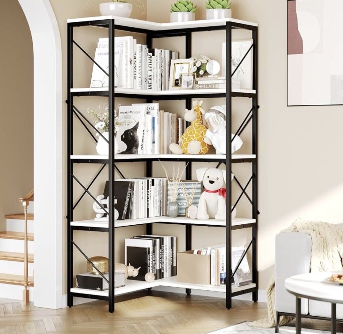 Industrial Corner Bookshelf 65.9" Tall, 5-Tier White & Black Metal Bookcase for Living Room