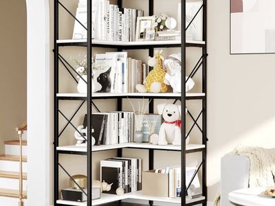 Industrial Corner Bookshelf 65.9" Tall, 5-Tier White & Black Metal Bookcase for Living Room