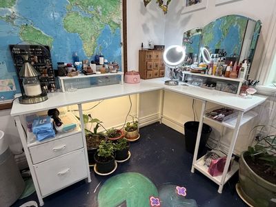 White L-Shaped Corner Desk with Drawers and Shelves