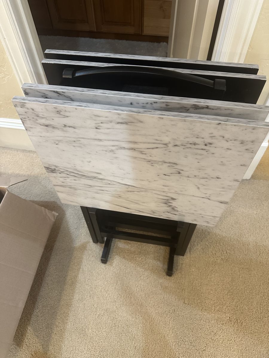 Faux Marble Folding TV Tray Tables Set of 4 with Storage Stand - Dark Espresso Wood Base