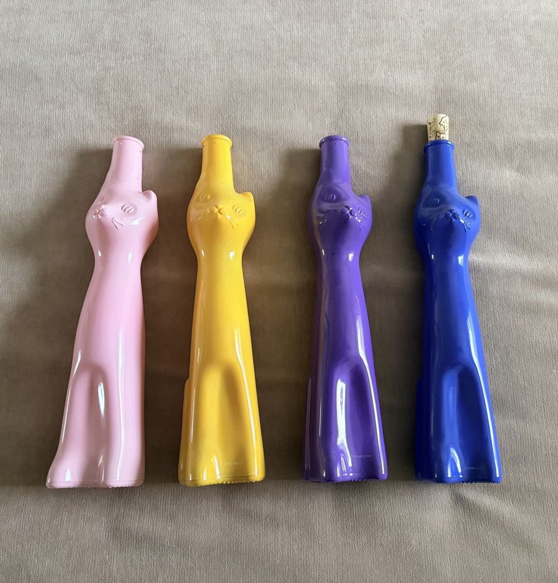 Set of 4 Cat-Shaped Wine Bottles (Pink, Yellow, Purple, Blue)