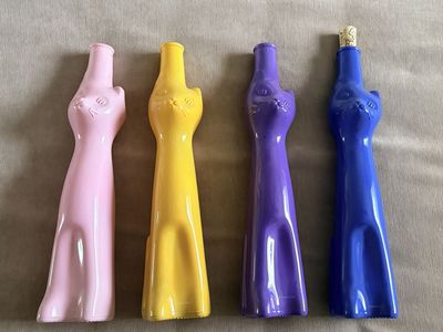 Set of 4 Cat-Shaped Wine Bottles (Pink, Yellow, Purple, Blue)